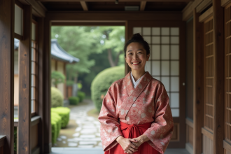 Homme d'auberge japonais en kimono traditionnel devant un ryokan ancien