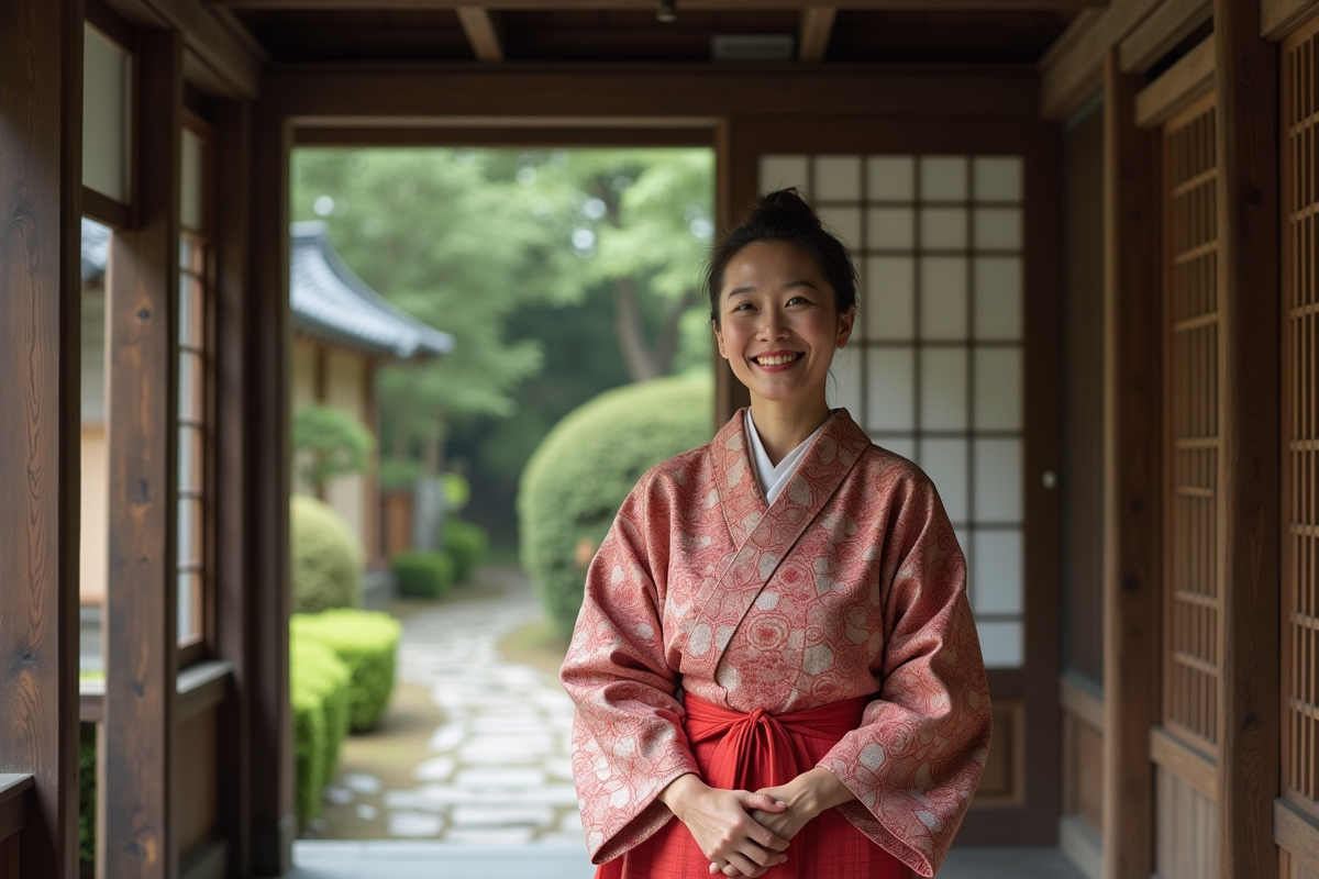 Homme d'auberge japonais en kimono traditionnel devant un ryokan ancien