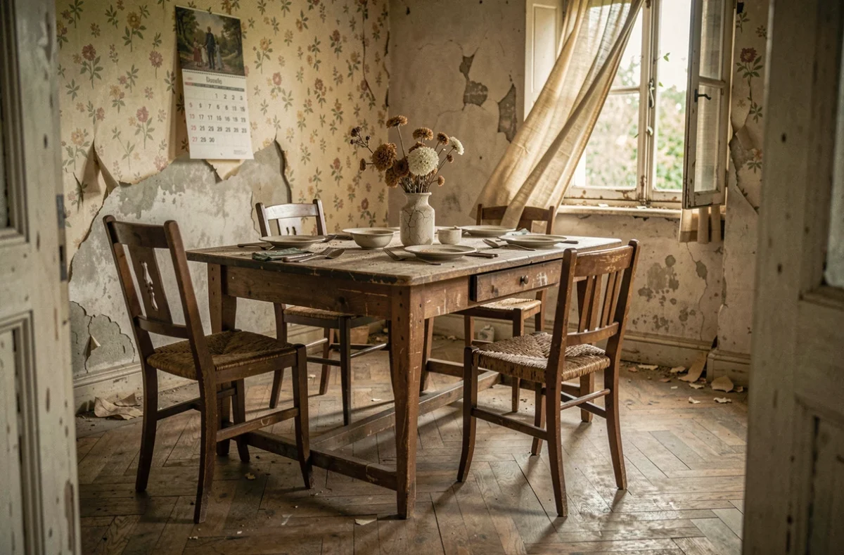 Intérieur abandonné d'une ferme française avec table dressée couverte de poussière et papier peint décollé
