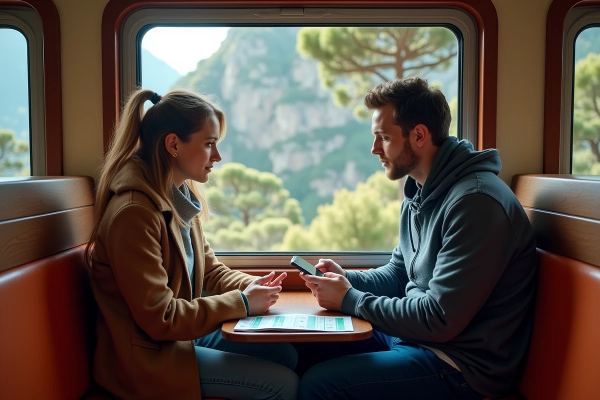 Couple consultant les tarifs de transport dans un train régional Corse entre Île-Rousse et Calvi