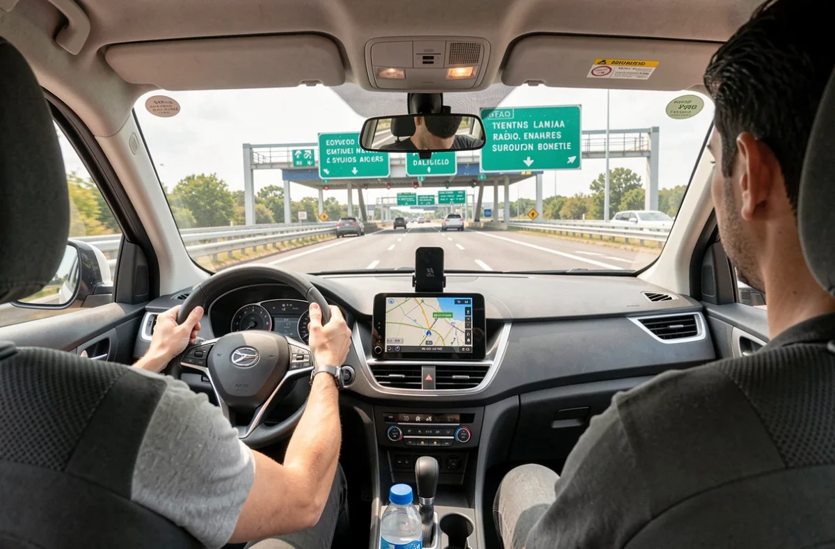 Vue depuis l'intérieur d'une voiture sur une autoroute espagnole avec panneau de navigation GPS affiché sur le tableau de bord