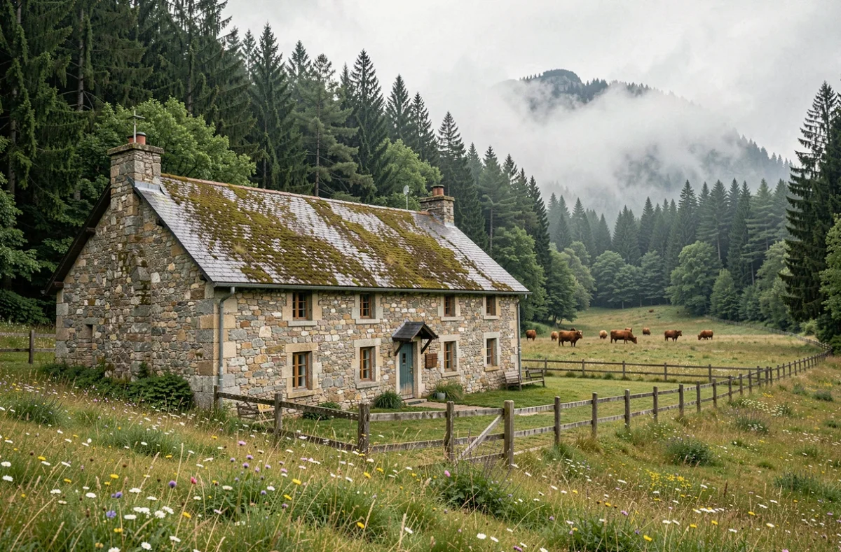 La Jasserie du Pilat près de Lyon avec ferme traditionnelle en granite, prairie de montagne fleurie et forêt du massif du Pilat