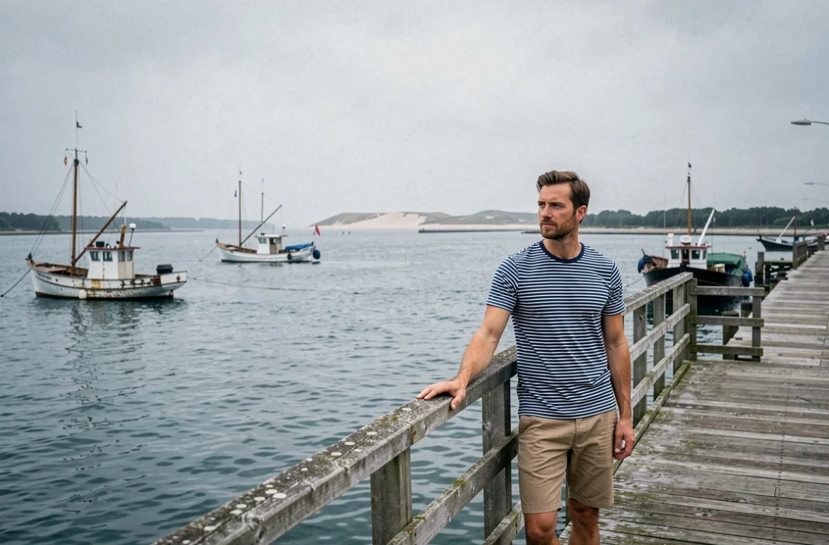 Homme contemplant le Bassin d'Arcachon depuis la jetée avec vue sur la Dune du Pilat, balade à pied depuis la gare