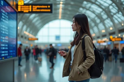 Jeune femme asiatique à l'aéroport de Paris regardant le tableau d'affichage