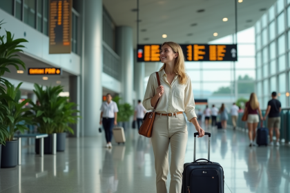 Jeune femme souriante vérifiant l'affichage à Denpasar