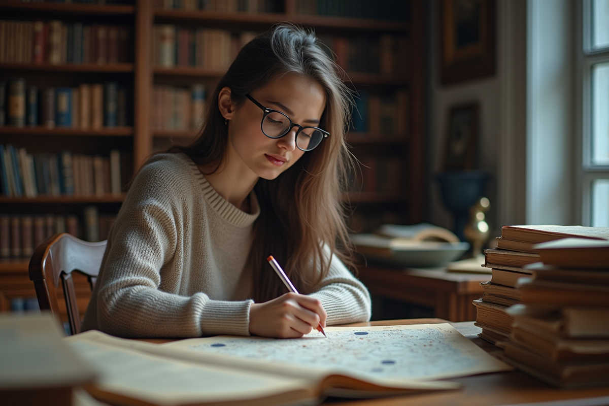 Jeune femme astronome étudiant dans une bibliothèque avec cartes stellaires