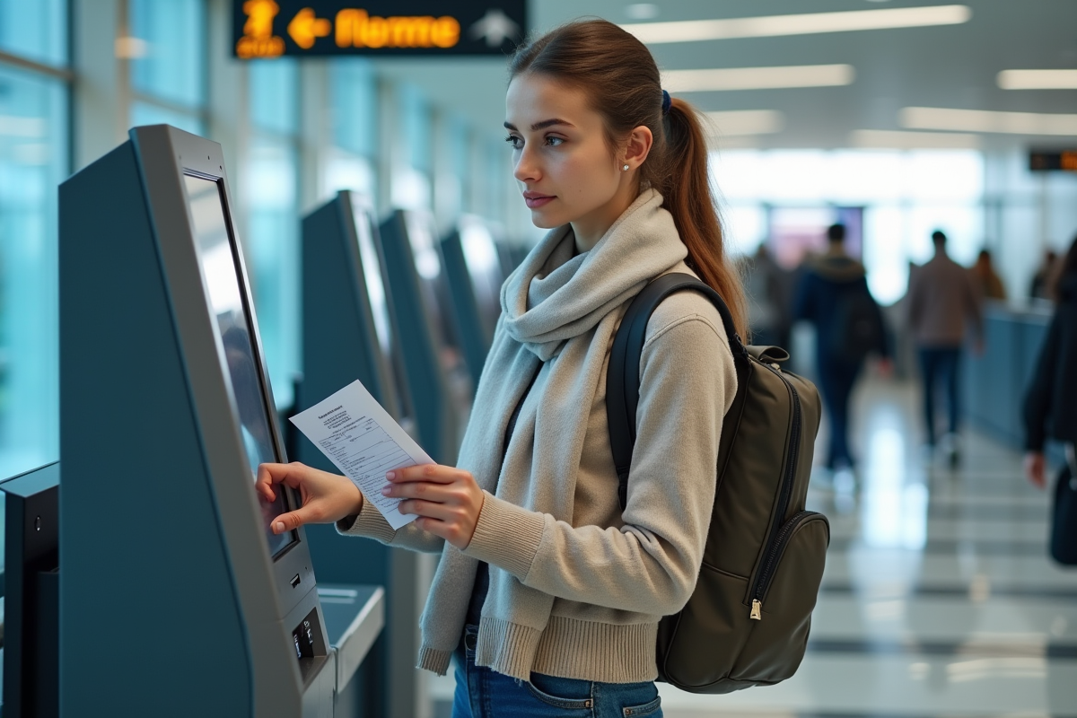 Jeune femme enregistrement aéroport avec passeport et réservation