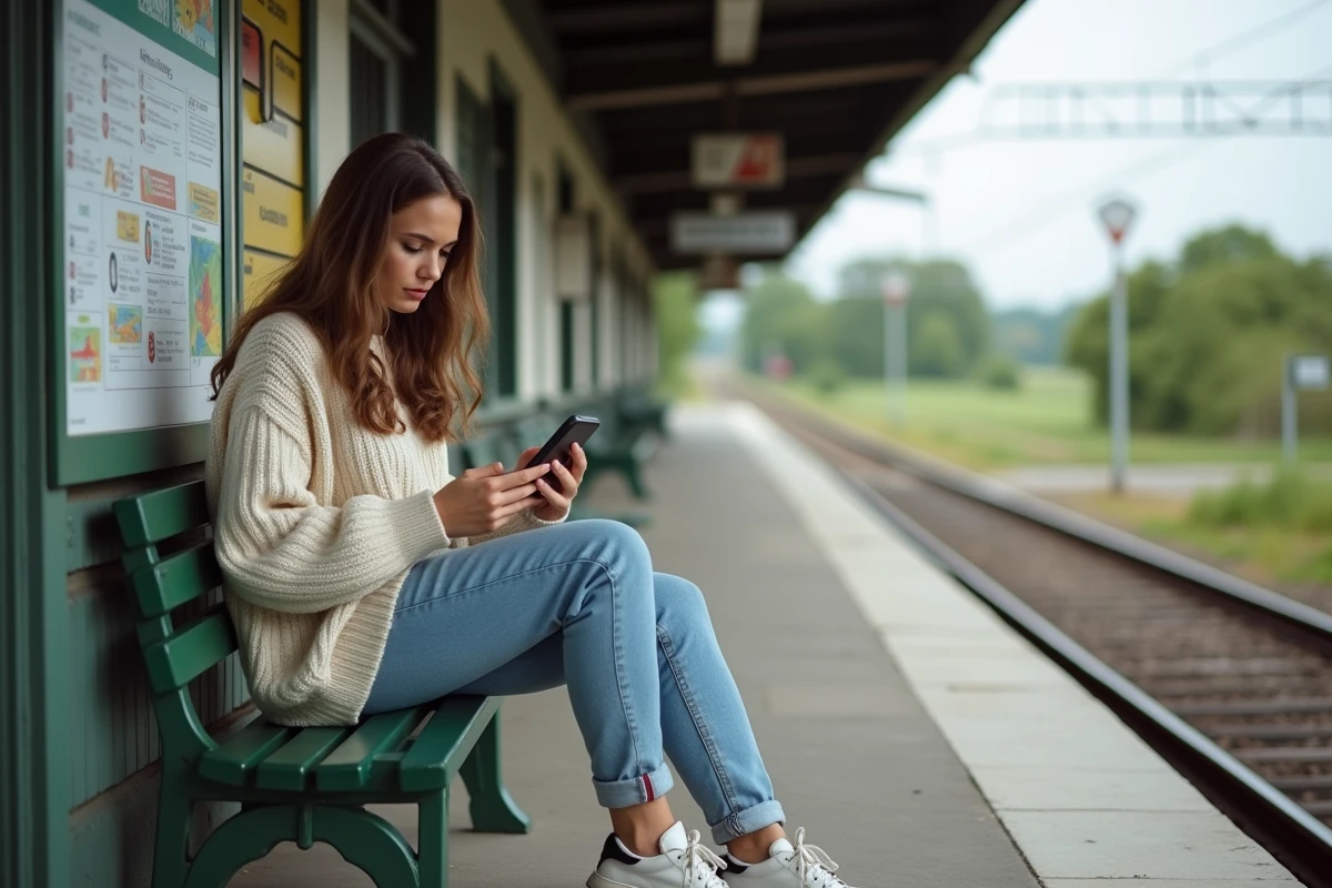 Jeune femme assise sur un banc de gare utilisant son smartphone