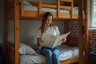 Jeune femme lisant une carte dans une chambre d'auberge conviviale