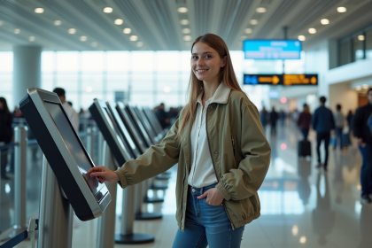 Jeune femme au selfcheckin aéroport en voyage