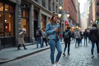 Jeune femme dans SoHo vérifiant son téléphone avec sourire naturel