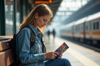 Jeune femme en train de lire un guide Interrail à la gare