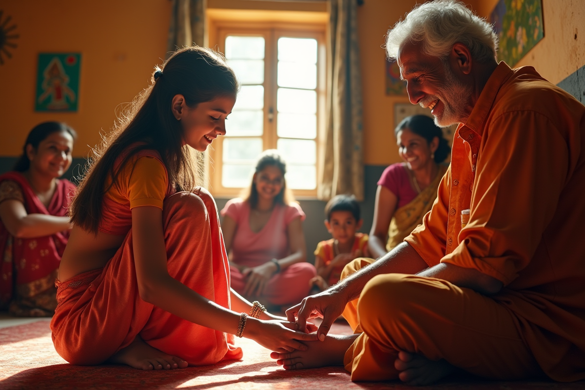 Jeune fille indienne touchant respectueusement son grand-pere