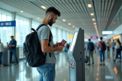 Jeune homme à l'aéroport scannant son passeport