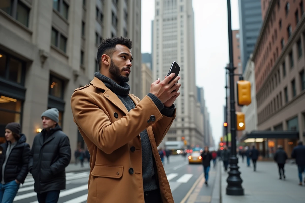 Jeune homme regardant le Woolworth Building sur Broadway