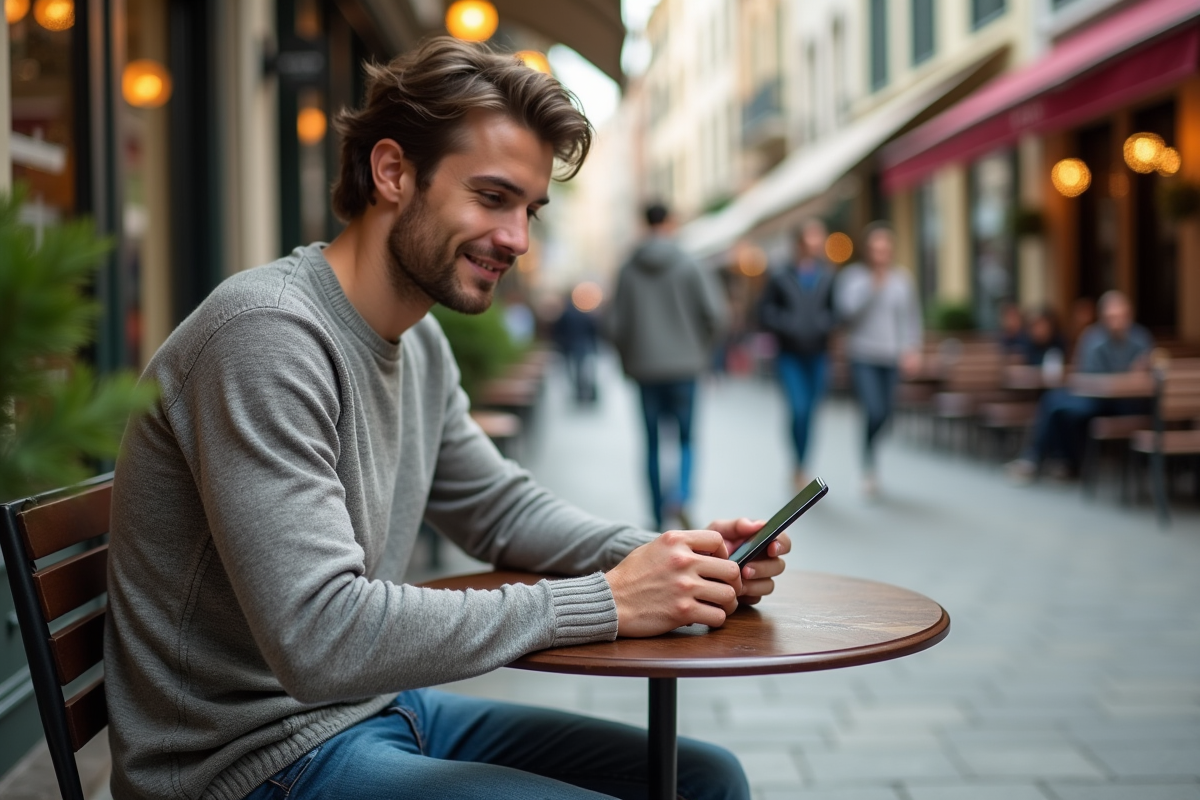 Jeune homme avec ticket et smartphone en extérieur