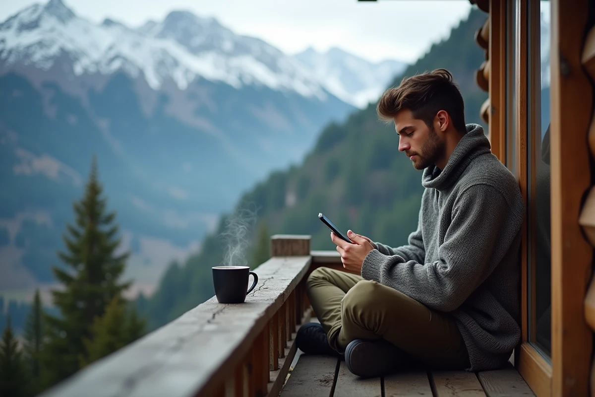 Jeune homme sur un balcon de chalet alpin envoyant un message de bonnes vacances sur son smartphone avec vue sur les montagnes