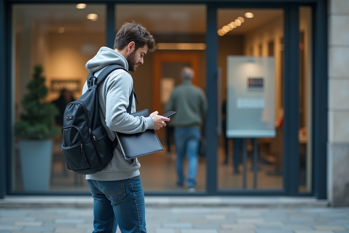 Jeune homme devant centre de demande de visa
