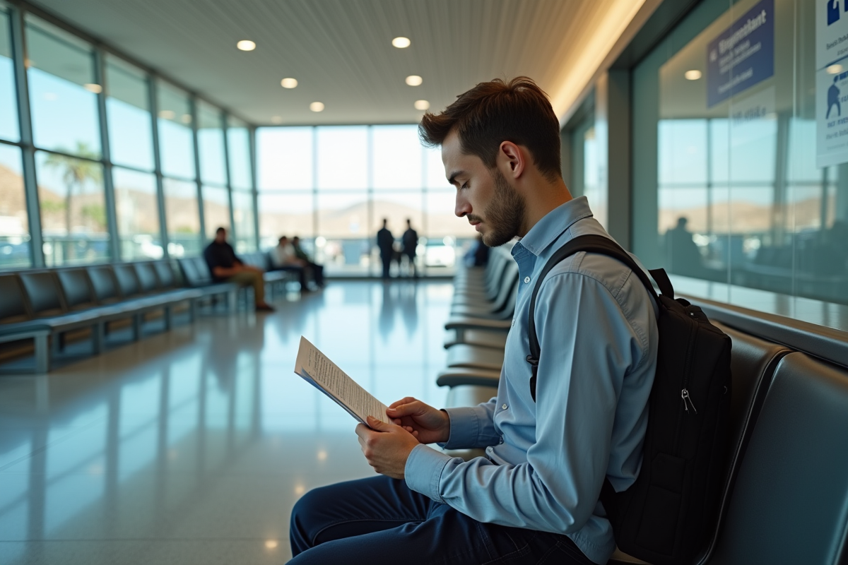 Jeune homme vérifiant ses documents à l