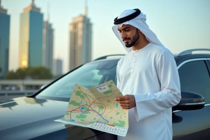 Jeune homme en kandura avec SUV et carte routière Dubai