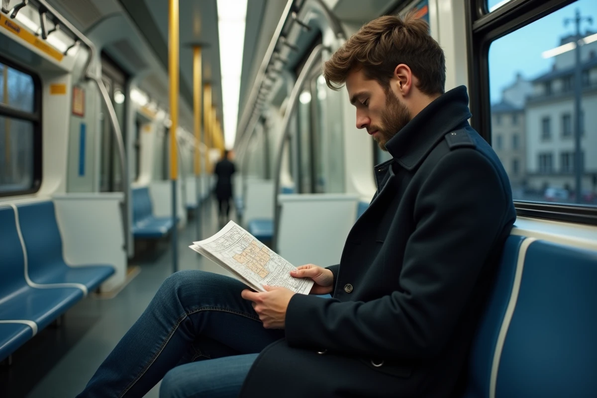 Jeune homme regardant son Navigo dans un train RER