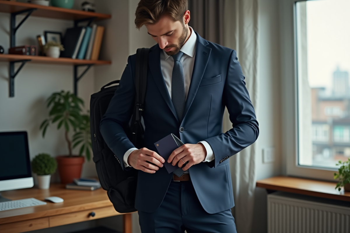Jeune homme met son passeport dans son sac en home office