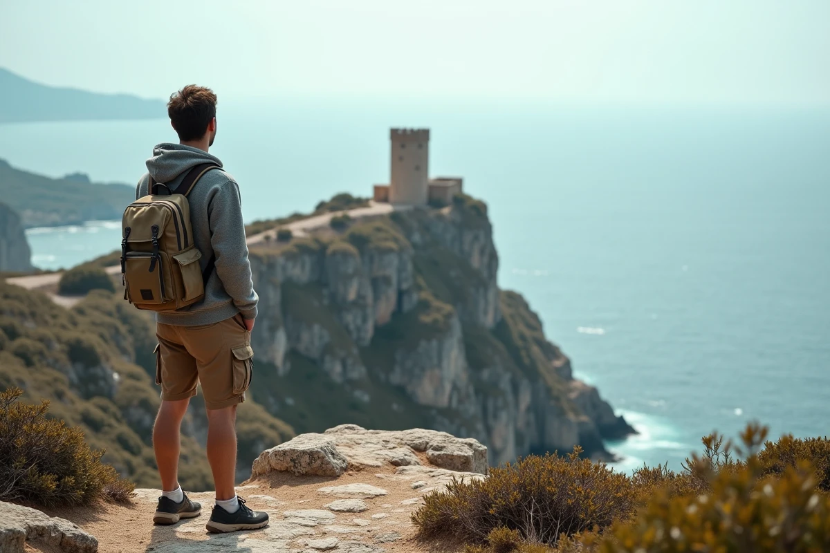 Jeune homme contemplant la c&ocirc;te depuis le sommet en Corse
