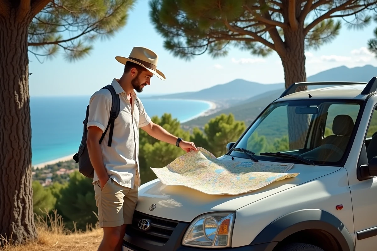 Jeune homme pointant une carte de Corse pr&egrave;s d une voiture en nature