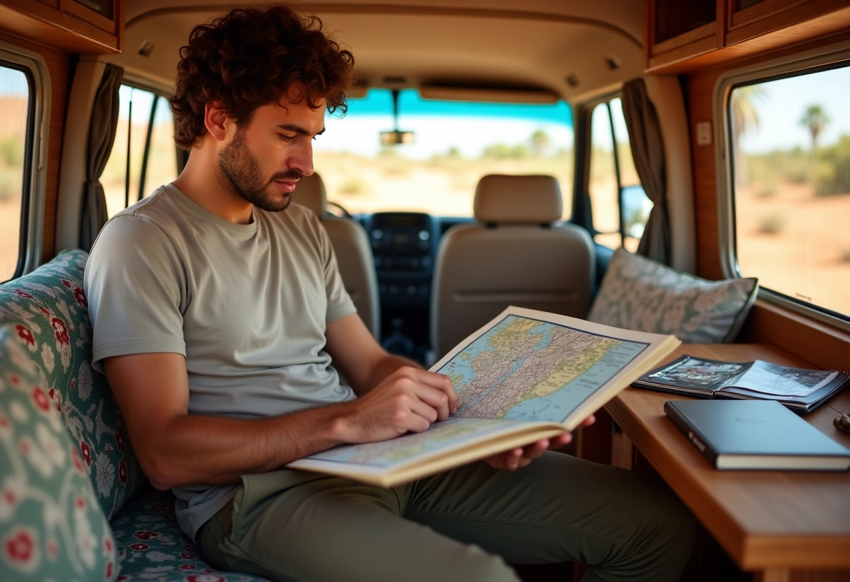 Jeune homme dans une van en train de lire une carte