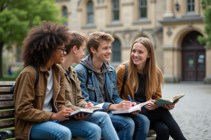 Groupe d'adolescents souriants devant une universite europeenne