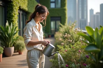 Jeune femme souriante arrosant des plantes sur un toit d'hôtel écologique