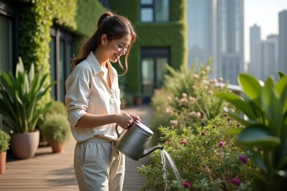 Jeune femme souriante arrosant des plantes sur un toit d'h&ocirc;tel &eacute;cologique