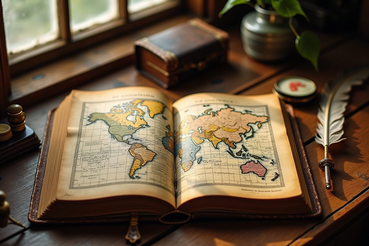 Journal ancien ouvert avec cartes dessinées et notes sur une table en bois