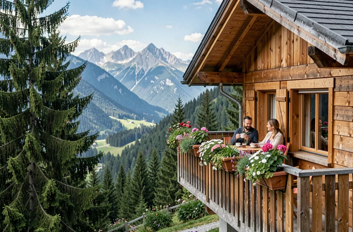Le chalet La Buissonnière à Lans-en-Vercors avec son balcon fleuri et la vue panoramique sur le Vercors