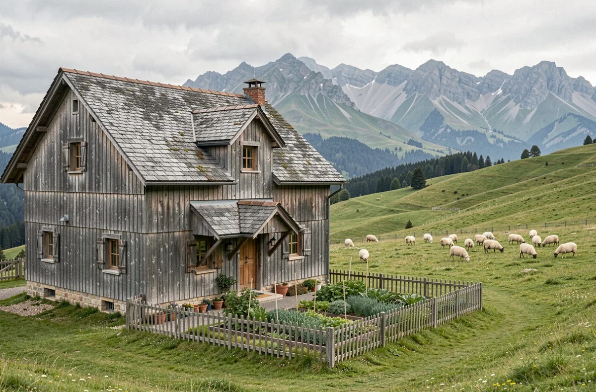 La Ferme de Chantemerle à Château-Bernard avec ses moutons dans le pré alpin et la crête du Vercors en fond