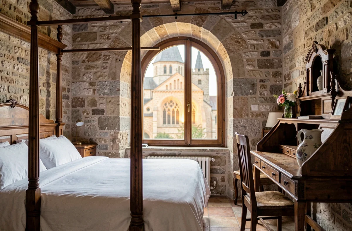 Chambre intérieure en pierre de L'Abbaye à Saint-Antoine-l'Abbaye avec vue sur l'abbaye médiévale