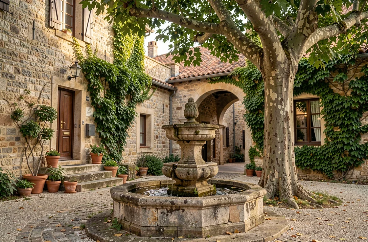 La cour intérieure avec fontaine en pierre du Clos de la Fontaine à Crémieu, cité médiévale