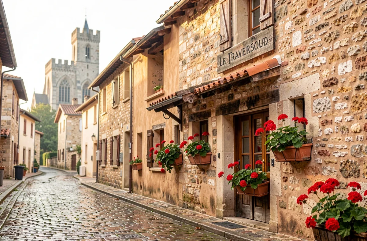 La chambre d'hôtes Le Traversoud dans le village médiéval de Saint-Antoine-l'Abbaye avec ses géraniums et ses pavés