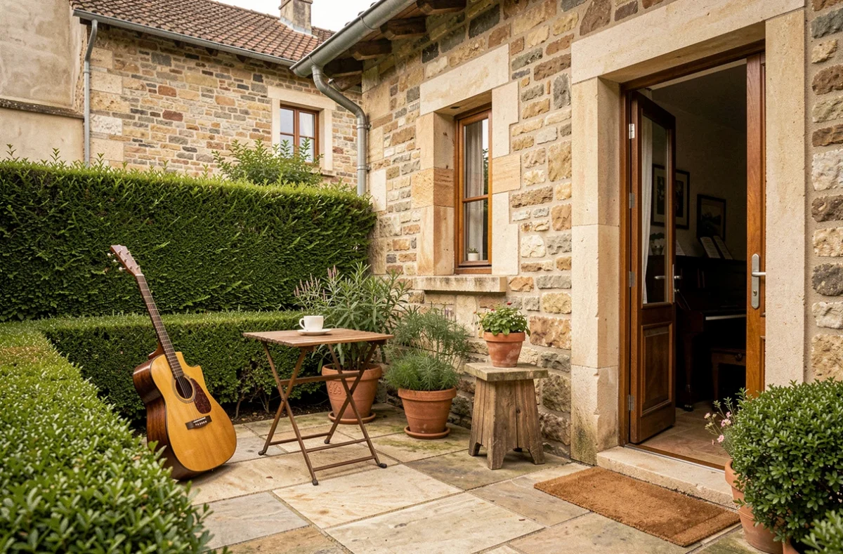 La terrasse de la chambre d'hôtes Les Music'Hôtes à Eybens avec sa guitare vintage et son ambiance musicale