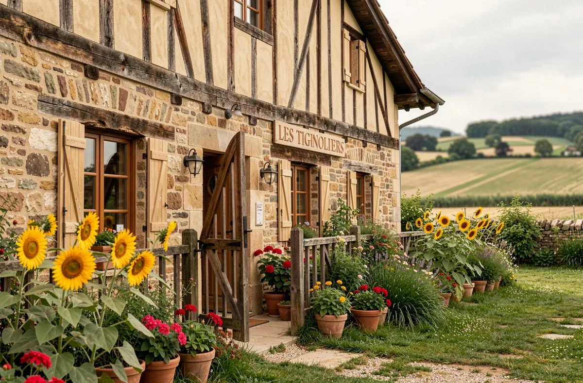 La ferme d'hôtes Les Tignoliers à Tignieu-Jameyzieu avec son jardin fleuri et sa façade en pierre