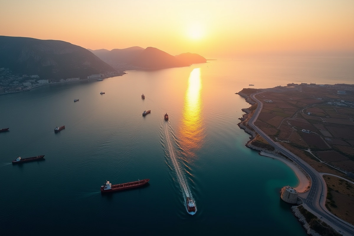 Vue aérienne du détroit de Gibraltar au lever du soleil avec navires