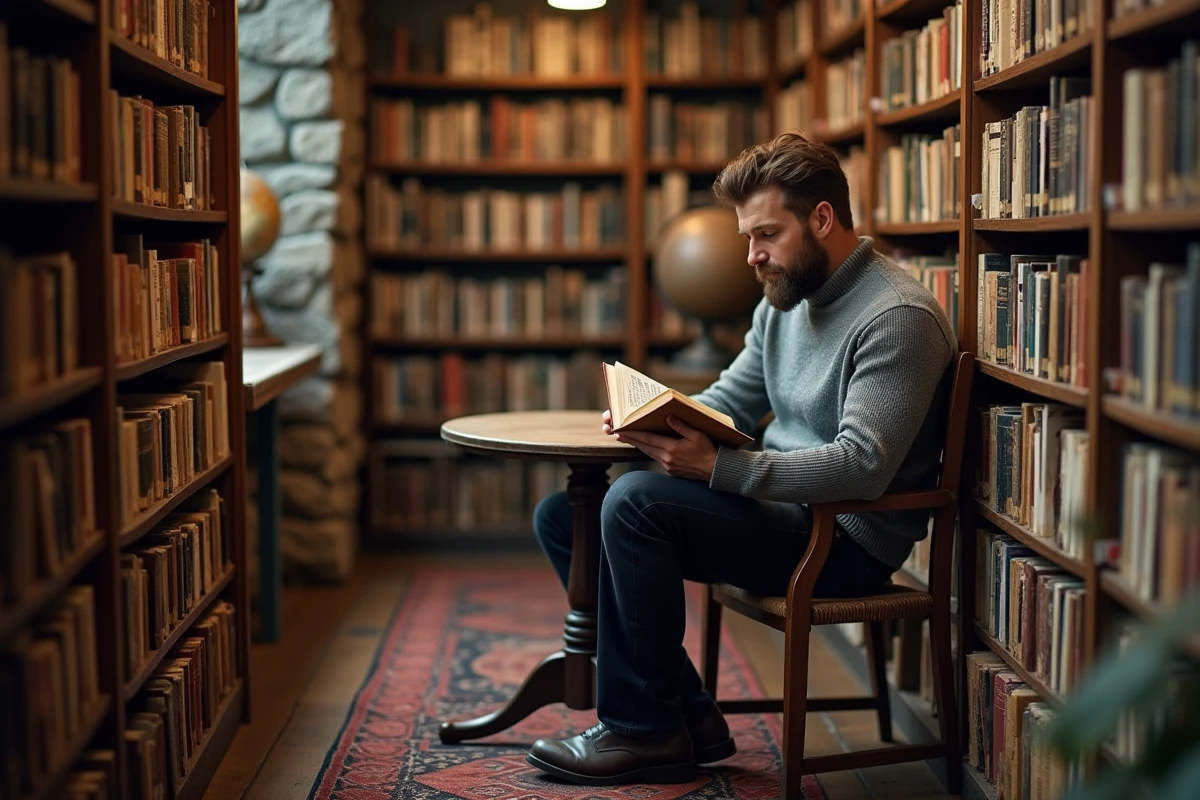Homme lisant dans une librairie vintage intimiste de Prenzlauer Berg à Berlin, une adresse méconnue loin des circuits touristiques classiques