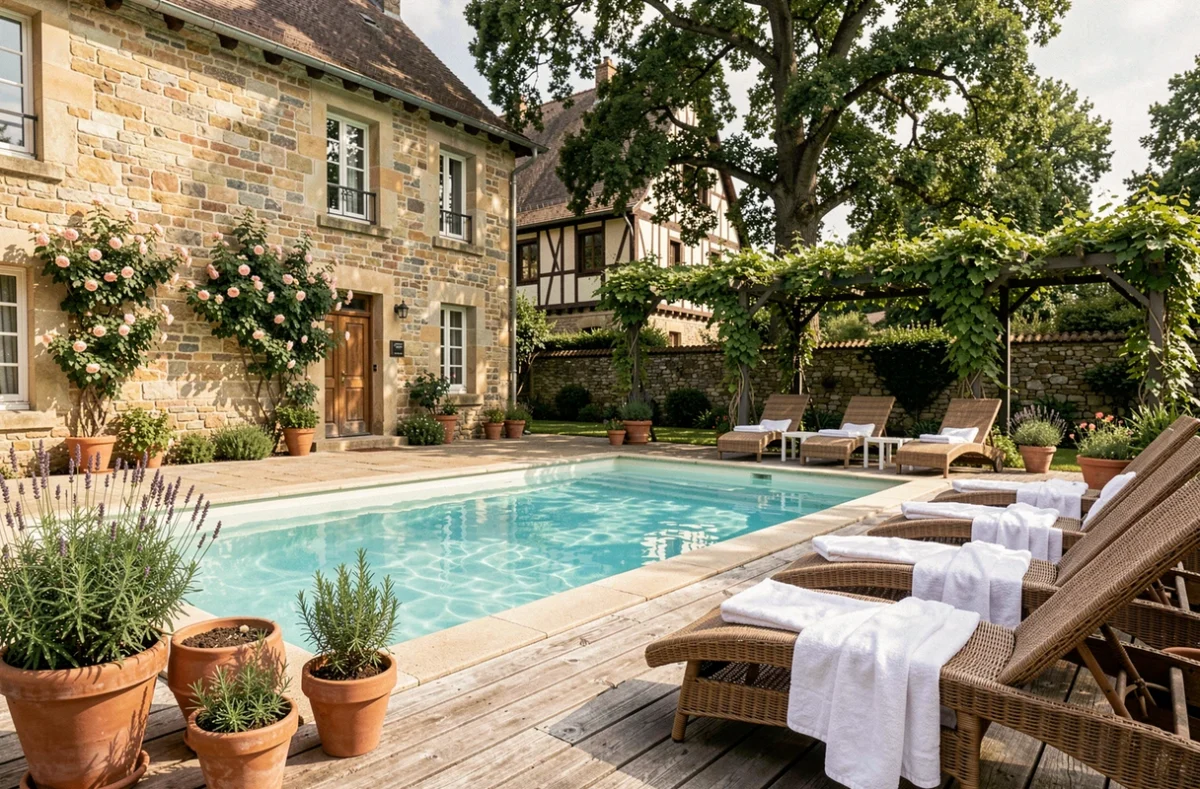 Location de vacances avec piscine dans le Grand Est, maison en pierre alsacienne avec terrasse et jardin verdoyant