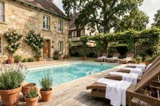 Location de vacances avec piscine dans le Grand Est, maison en pierre alsacienne avec terrasse et jardin verdoyant