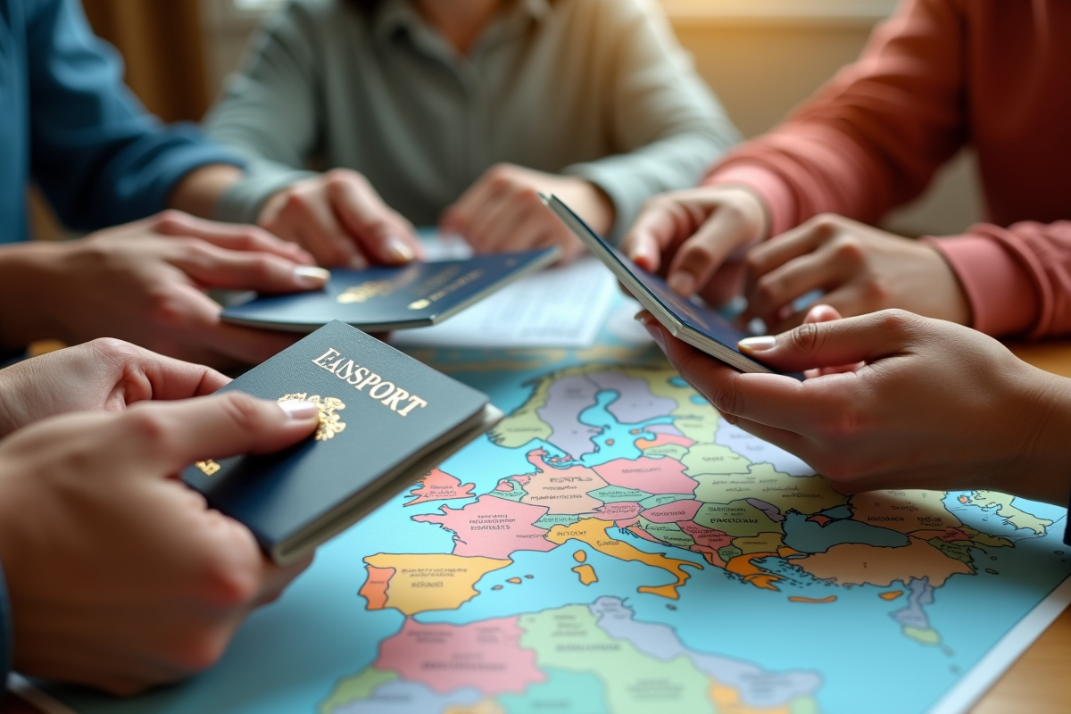 Mains tenant des passeports avec visas sur une carte d