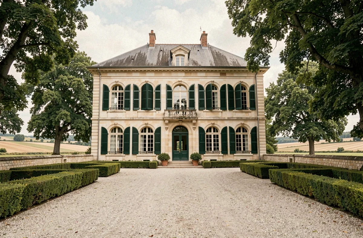 Le Manoir de Brenaz dans l'Ain avec sa façade en pierre calcaire, ses volets verts et sa cour gravillon entourée de grands arbres
