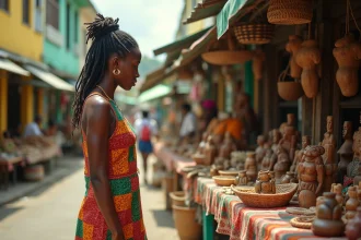 Femme jamaïcaine en robe colorée parcourant un marché artisanal animé à Kingston, Jamaïque