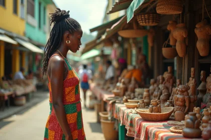 Femme jamaïcaine en robe colorée parcourant un marché artisanal animé à Kingston, Jamaïque