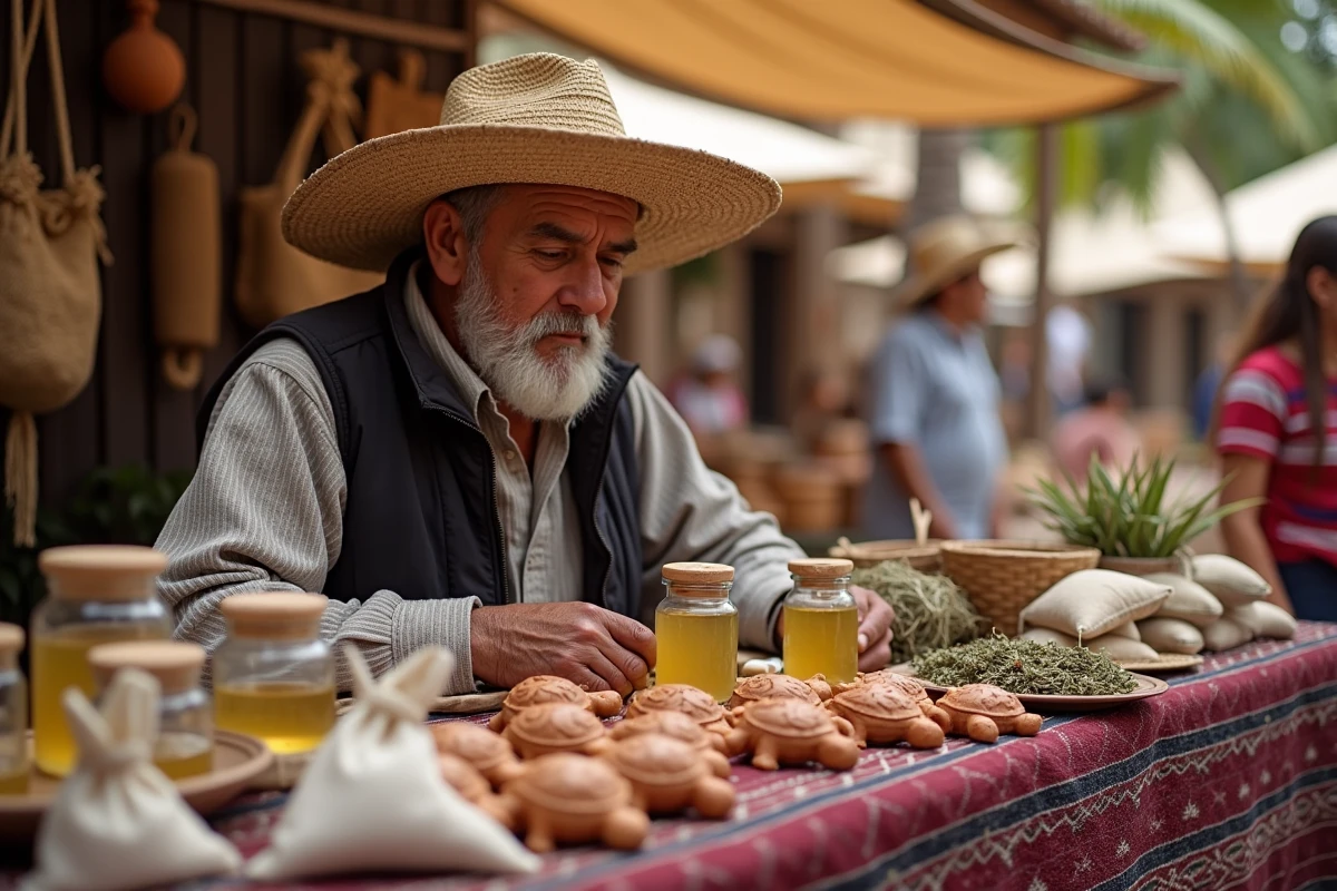 Marché artisanal de Mazunte avec produits naturels faits main et vendeur mexicain traditionnel sous un abri en palmes