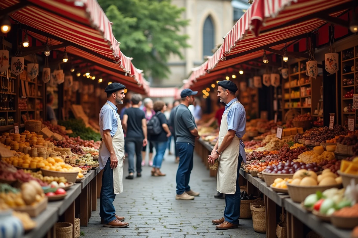 Marché basque en plein air avec des étals de fromages et produits locaux, vendeur en béret servant des touristes sur une place de village